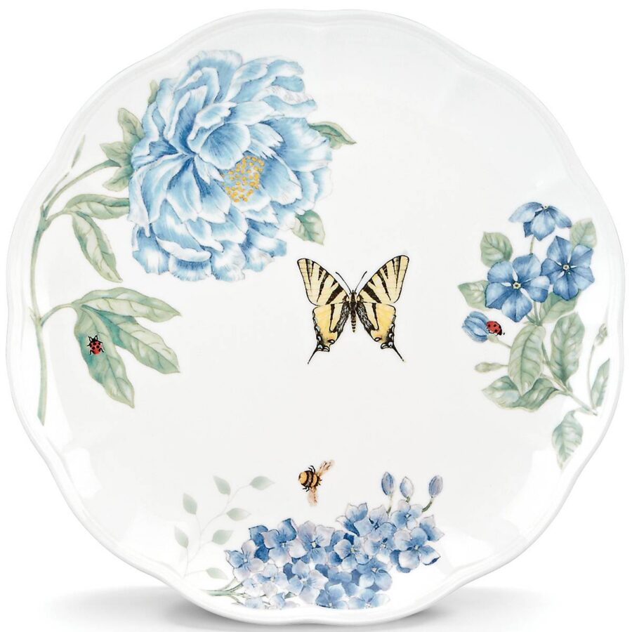 Blue Floral Butterfly Scalloped Dinner Plate