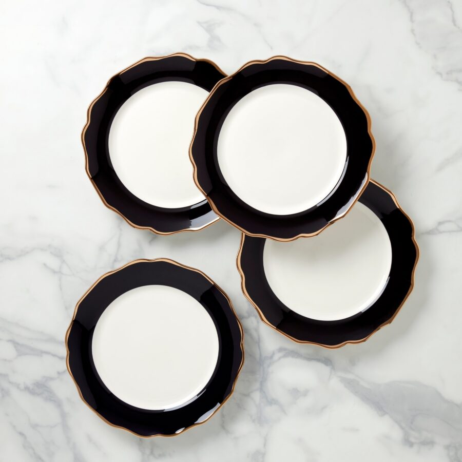Black Scalloped Dinner Plates with Gold Rim, Set of 4