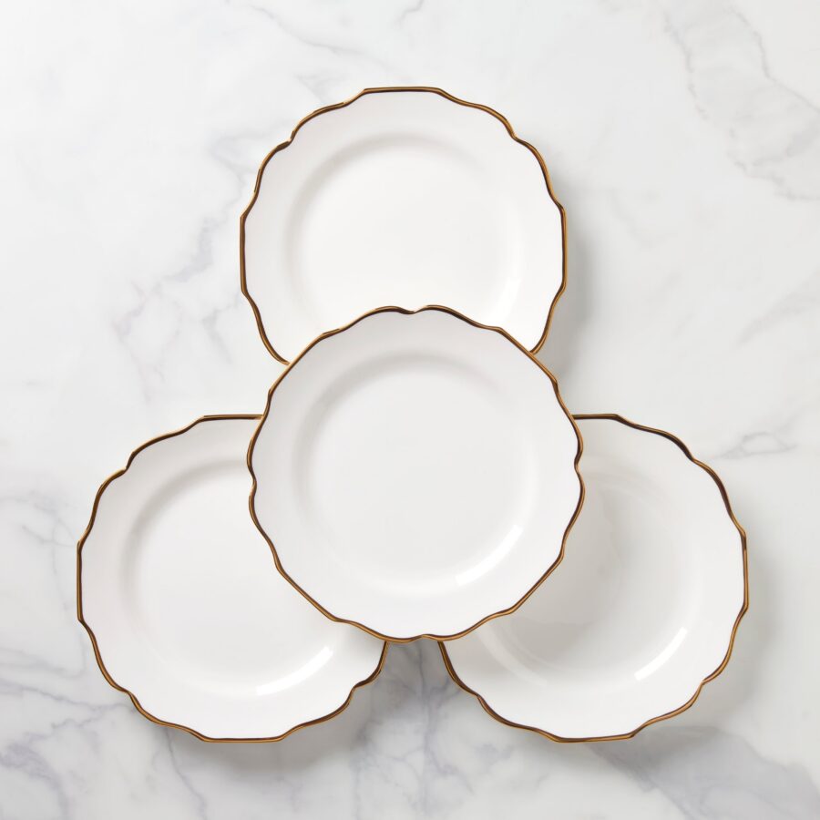 White Scalloped Dinner Plates with Gold Rim, Set of 4